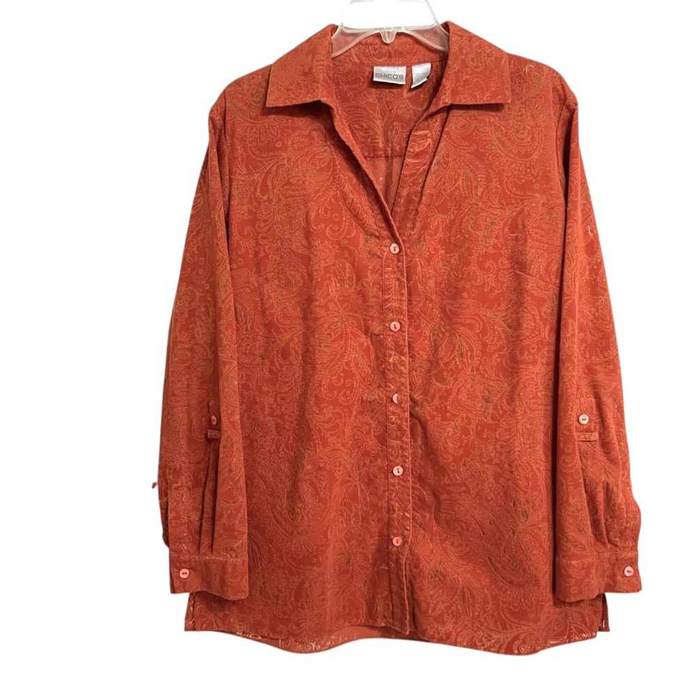 Chico's Corduroy Burnout Shirt L 12 Orange Paisley Rustic Earthy Cabincore